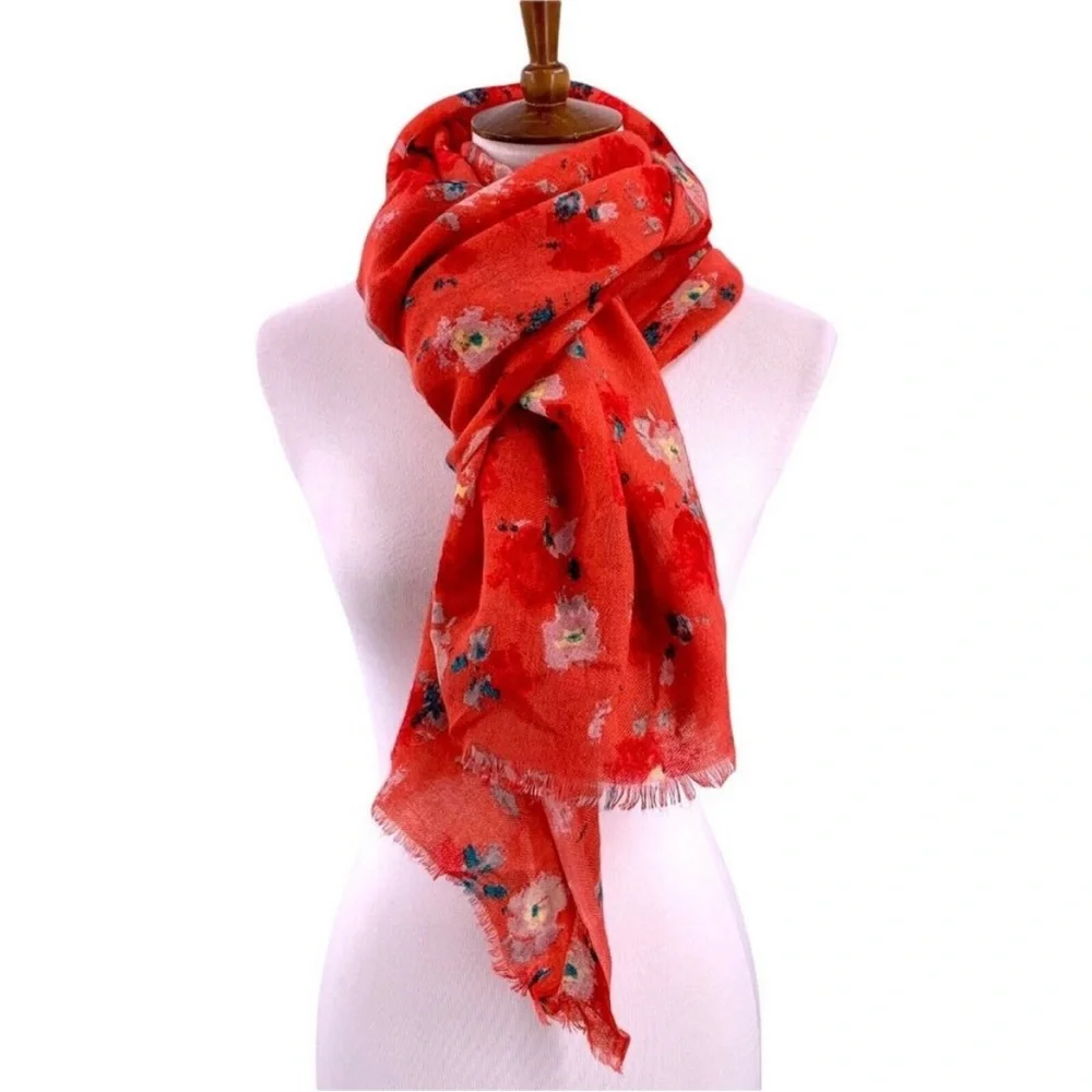 J.Crew Women’s Floral Pashmina Wool Laine Floral Scarf Wrap Shawl Red Orange